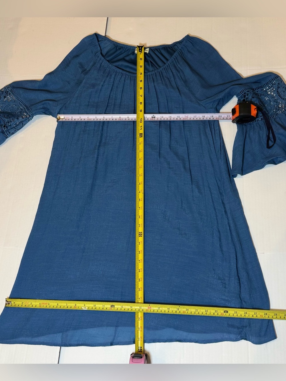 Blue Boho Peasant Beach Resort Coastal Casual Crochet Bell Sleeve Tunic Dress 2X - Picture 7 of 8